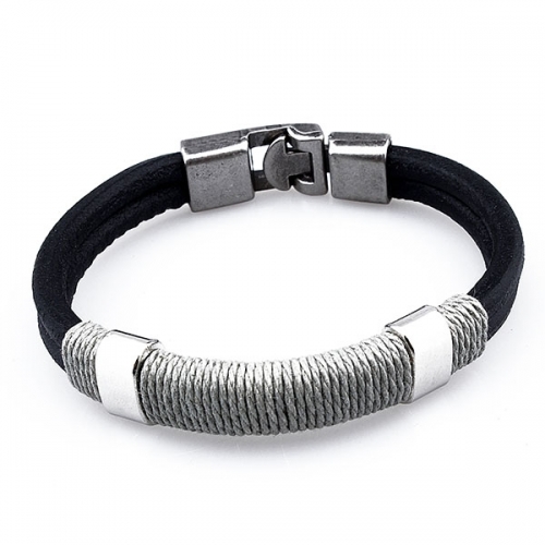 Black leather bracelet with braided hemp rope