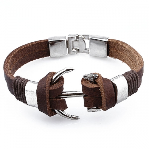 Brown leather bracelet with alloy anchor buckle