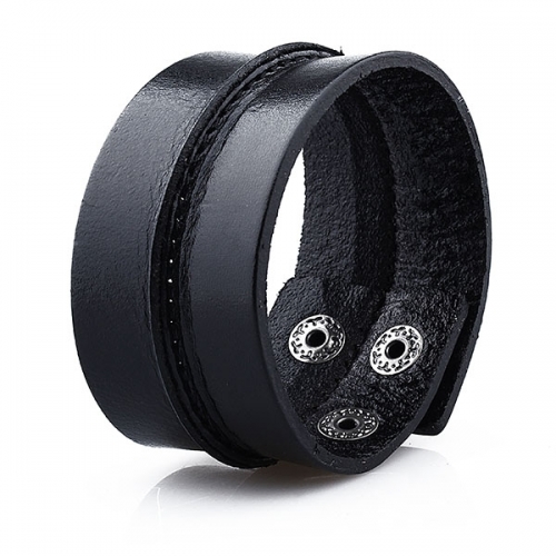 Unique punk black leather bracelet with adjustable double buckle