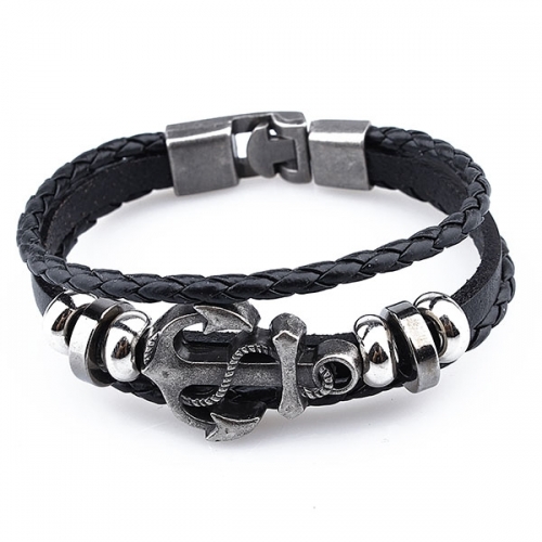 Mens Black leather braided bracelet with alloy beads and anchor buckle