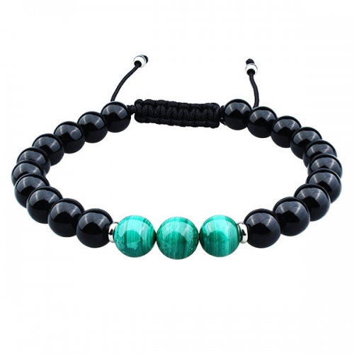 Black Agate Bead & Malachite Bead Bracelet with Adjustable Rope