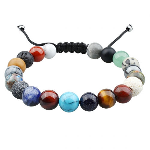 Multicolor Chakra Bracelets, Natural Stone Stretch Bead Bracelet with Adjustable Braided Rope