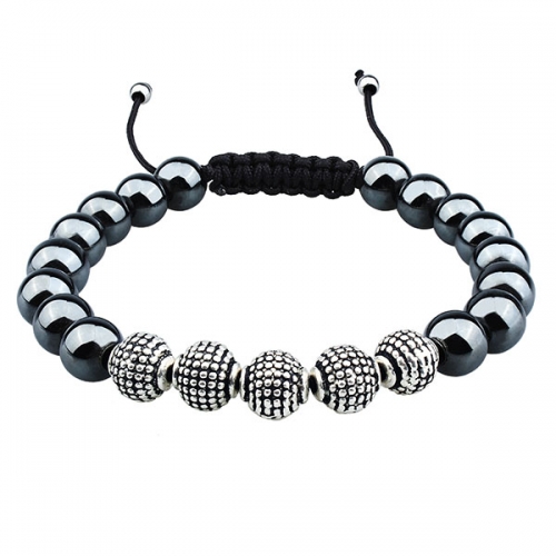 Iron stone beads bracelet anti-silver plated metal beads bracelet with adjustable rope