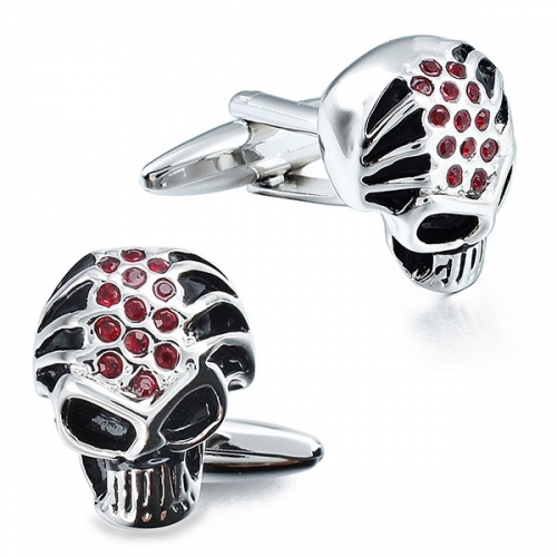 Rhodium & black enamel skull head cufflinks with red crystal