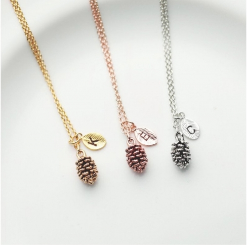 Pine cone pendant necklace with personalized letters