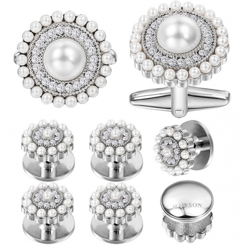 Silver cufflink and stud inlaied with pearls