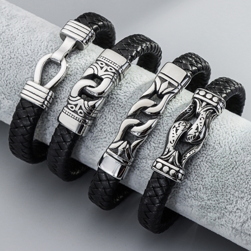 Trendy Custom Logo Stainless Steel Black Braid Genuine Leather Bracelet for Men