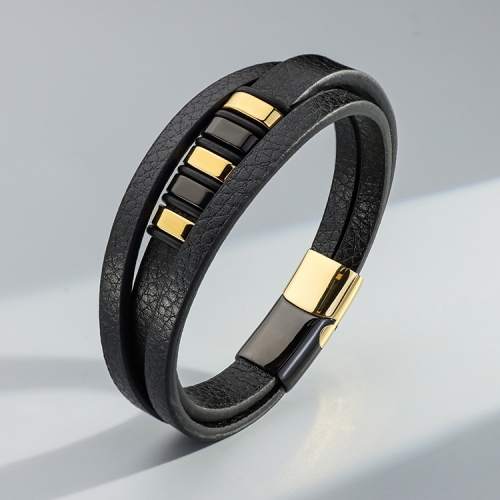Custom Logo Stainless Steel Braided Black Leather Bracelet Italian Multilayer Wrap Men's Real Genuine Leather Bracelet