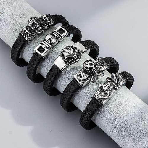Custom Wholesale Fashion Simple Design Charm Engrave skull Mens Leather Bracelet