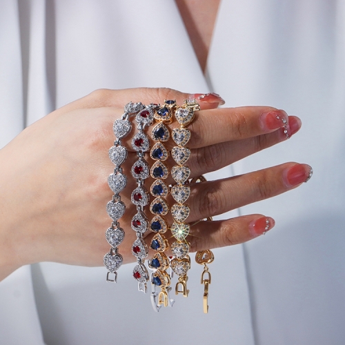 Latest Custom Link Fine Jewelry Four-color Heart-shaped Zircon Brass Tennis Chain Bracelet for Women