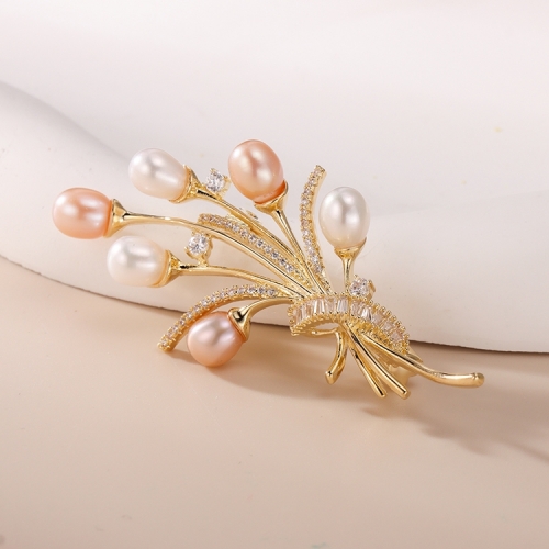 Fashion Style Women Jewelry Bouquet Shape Nature Style Brooch Alloy With Pink White Pearl Pins