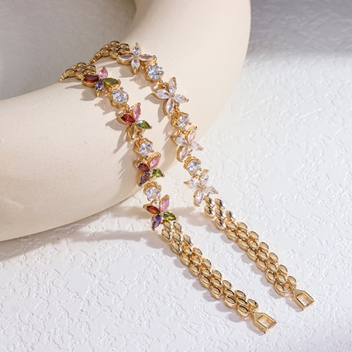 Newest Popularity Vintage Bulk Custom Copper Bracelet Gold Plated Hot Sale Zircon Flower Tennis Bracelet