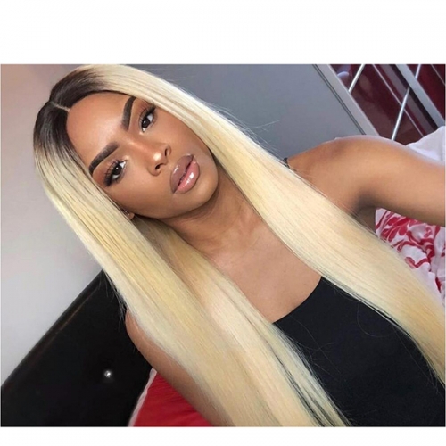 Blonde Lace Frontal Wig Straight Hair Blonde Color With Dark Hair Roots Human Hair Wigs with Baby Hair Ombre Lace Wigs