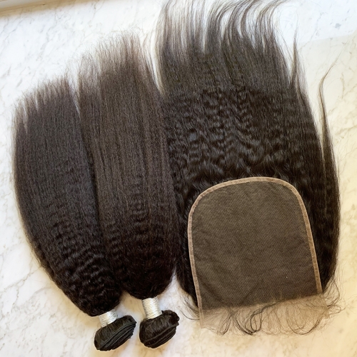 Kinky Straight Hair Bunldes With Lace Closure 7X7 Human Hair Bundles Kinky Straight Hair With Closure 3pcs/Lot