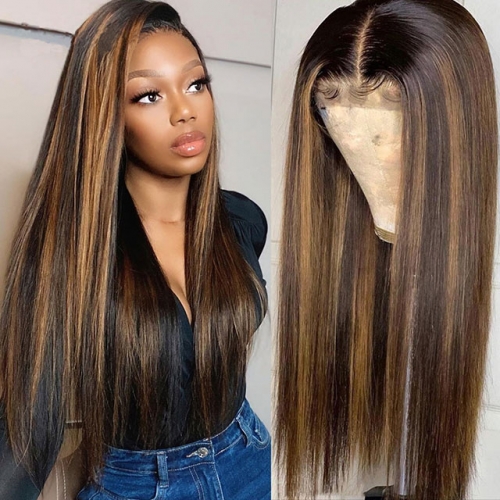 Highlight Lace Frontal Wig With Baby Hair Straight Hair Wig With Dark Root Human Hair Lace Wigs Pre Plucked Natural Hairline Highlight Wig
