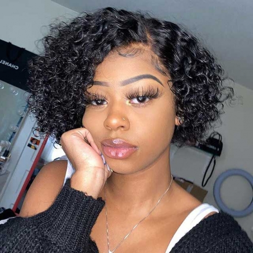 150% Curly Pixe Wig Human Hair Wig Bob Lace Wig With Baby Hair Pre Plucked Cut  Short Wig