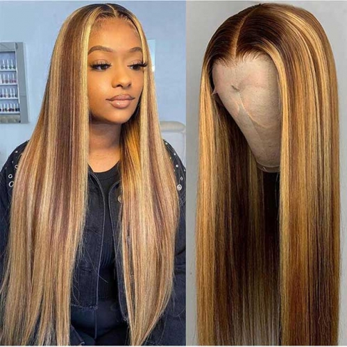 Highlight T Part Wig #4/27 Highlight Colored T Part Human Hair Wigs Pre Plucked Ombre Straight Lace Front Human Hair Wigs For Black Women