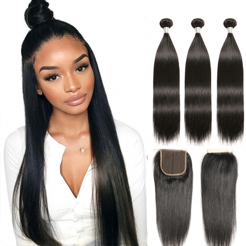 3PCS Straight Hair Bunles With Clousre Human Hair Closure With Bundle 4pcs/Lot Hair Bundles With 4x4 Lace Closure