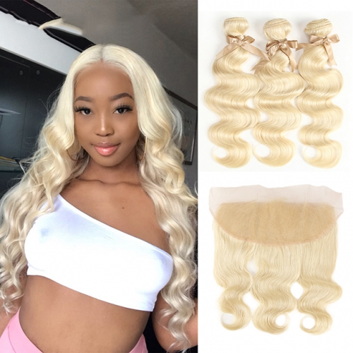Blonde Hair Bunldes With Lace Frontal With Baby Hair #613 Straight / body wave Hair With Closure 4pcs Lot Blonde 13x4 Lace Frontal