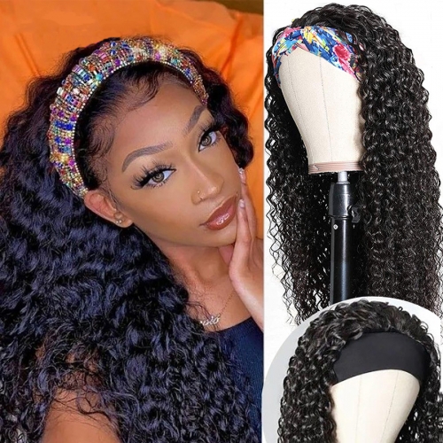 Deep Wave Headband Wigs Human Hair Wig Grip Headband Brazilian Curly Headband Wigs For Black Women Glueless Hair Wig Fit All Size Head