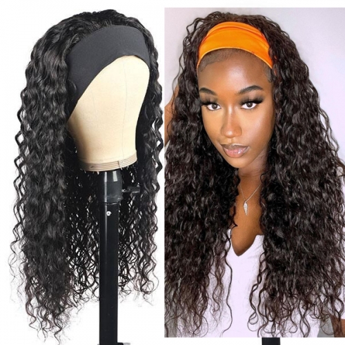 Water Wave Headband Wig 100% Human Hair Grip Headband Scarf Wig Water Wave Human Hair Wigs for Women No Glue No Sew In