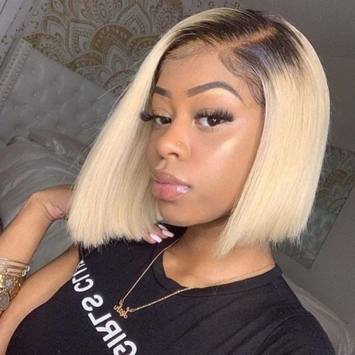 Ombre Bob Wig Straight blonde Lace Front Wig Remy Human Hair Blonde Wig With Dark Root Blunt Cut Bob Lace Wig