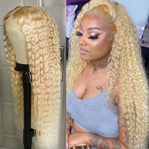 Deep Curly Blonde Lace Front Wig With Baby Hair Peruvian Hair Wig #613 Curly Hair Wig Pre Plucked Blonde Highlight  Human Hair Wig For Women's Wig