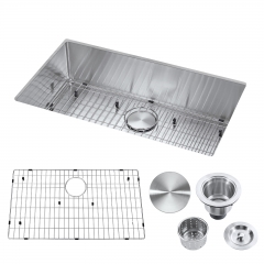 Akicon™ 32" Undermount Single Bowl Stainless Steel Handmade Kitchen Sink & Drain Assembly with Strainer, Protective Bottom Grid, All in One