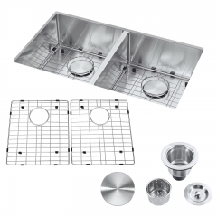 Akicon™ 32" Undermount 50/50 Double Bowl Stainless Steel Handmade Kitchen Sink & Drain Assembly with Strainer, Protective Bottom Grid, All in One