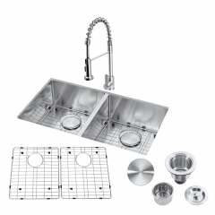 Akicon™ 32" Undermount 50/50 Double Bowl Kitchen Sink and Pull-down Faucet Combo with Drain Assembly with Strainer, Protective Bottom Grid, All in One