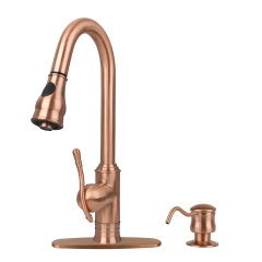 Akicon™ Copper Kitchen Faucet with Soap Dispenser, Single Handle Solid Brass High Arc Pull Down Sprayer Head Kitchen Sink Faucets with Deck Plate