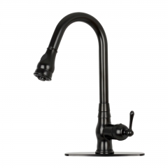 Akicon™ Pull Out Kitchen Faucet with Deck Plate, Single Level Solid Brass Kitchen Sink Faucets with Pull Down Sprayer - Matte Black