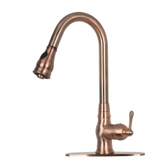 Akicon™ Pull Out Kitchen Faucet with Deck Plate, Single Level Solid Brass Kitchen Sink Faucets with Pull Down Sprayer - Antique Copper