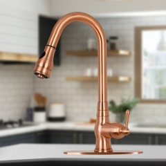 Akicon™ Pull Out Kitchen Faucet with Deck Plate, Single Level Solid Brass Kitchen Sink Faucets with Pull Down Sprayer - Copper