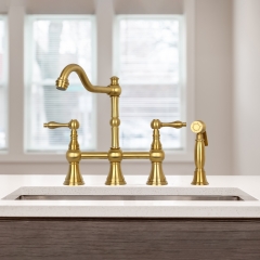 Akicon™ Two-Handles Bridge Kitchen Faucet with Side Sprayer - Brushed Gold