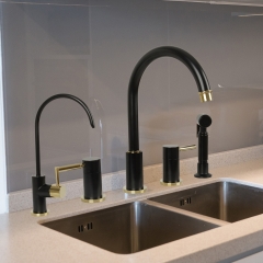 Akicon™ Two-Handles Widespread Kitchen Faucet with Side Sprayer Black + Gold