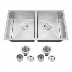 Akicon™ 32" Undermount Nano 50/50 Double Bowl Stainless Steel Handmade Kitchen Sink with Drain Assembly Strainer