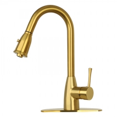 Akicon™ Brushed Gold Pull Out Kitchen Faucet with Deck Plate, Single Level Solid Brass Kitchen Sink Faucets with Pull Down Sprayer