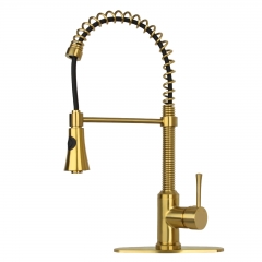 Akicon™ Pre-Rinse Spring Kitchen Faucet , Single Handle Solid Brass High Arc Pull Down Sprayer Head Kitchen Sink Faucet with Deck Plate - Brushed Gold