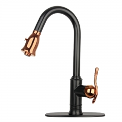 Akicon™ Two-Tone Matte Black & Rose Gold Pull Out Kitchen Faucet with Deck Plate, Single Level Solid Brass Kitchen Sink Faucets with Pull Down Sprayer
