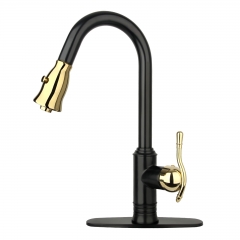 Akicon™ Two-Tone Matte Black & Gold Pull Out Kitchen Faucet with Deck Plate, Single Level Solid Brass Kitchen Sink Faucets with Pull Down Sprayer