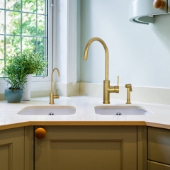 Akicon™ One-Handle Brushed Gold Widespread Kitchen Faucet with Side Sprayer