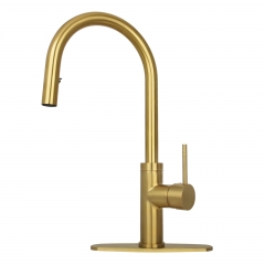 Akicon™ Brushed Gold Pull Out Kitchen Faucet with Deck Plate, Single Level Solid Brass Kitchen Sink Faucets with Pull Down Sprayer