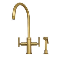 Akicon™ Two-Handle Brushed Gold Widespread Kitchen Faucet with Side Sprayer