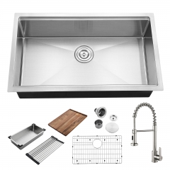 32-inch Undermount Handmade Workstation 304 Stainless Steel Kitchen Sink Single Bowl Basin Faucet Combo in With Cutting board drying rack and Strainer