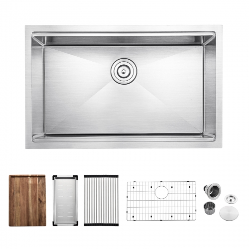 30-inch Undermount Handmade Workstation 304 Stainless Steel Kitchen Sink Single Bowl Basin With Grid cutting board colander drying rack and Strainer