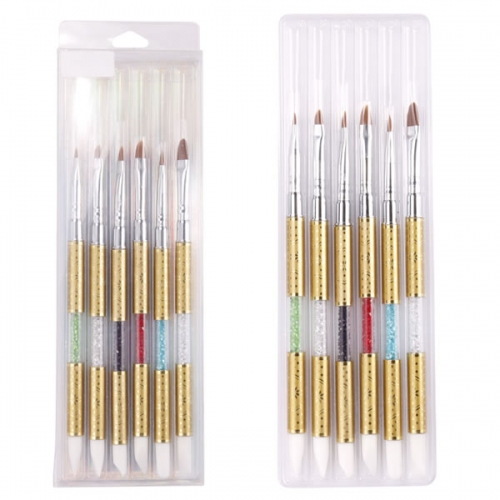 W23-7 6Pcs/set Gold Design Handle Nail Art Crystal Rhinestone Acrylic Brushes Painting UV Gel Polish Pen Tips