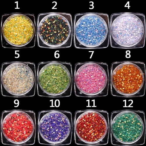 GSP-66 1 set 12 Color Design Round Shape Nail Glitter Powder Dust Pigment 3D