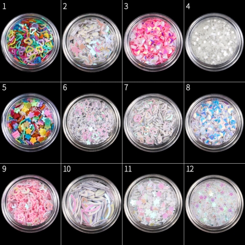 GSP-121 12 Bottles/ser Mix Shape Holographic Nail Glitter Sequins 3D Glass Nail Art Foils Flakes