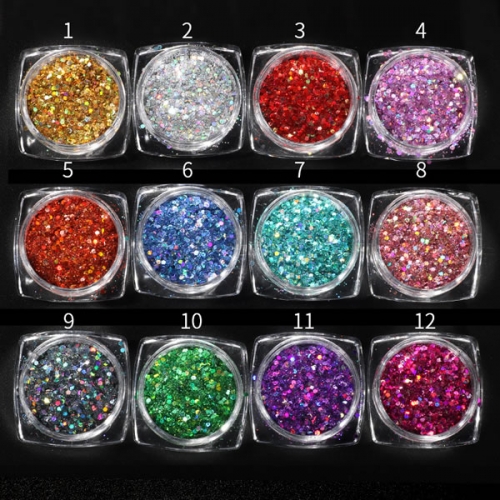 GSP-114 1 Box Nail Art 1g 12 Colors Mixed Nail Glitter Powder Hexagon Shape